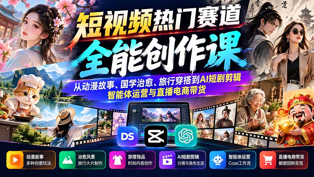 短视频热门赛道全能创作课：从动漫故事、国学治愈、旅行穿搭到AI短剧剪辑、智能体运营与直播电商带货-超级会员网