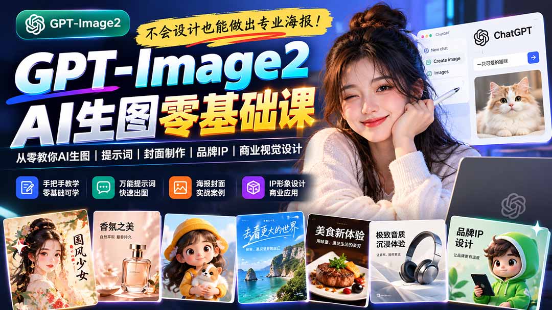 不会设计也能做出专业海报！GPT-Image2从零教你AI生图、提示词、封面制作、品牌IP与商业视觉设计-超级会员网