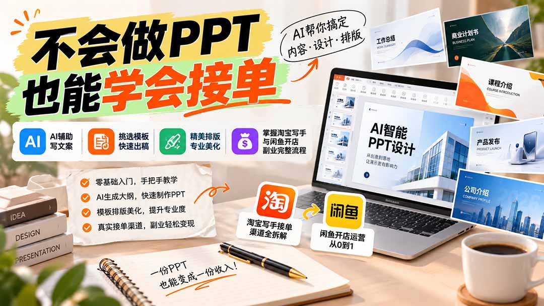 不会做PPT也能学会接单：AI辅助写文案、挑模板、做排版，掌握淘宝写手与闲鱼开店副业完整流程-超级会员网