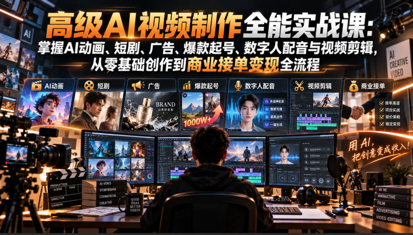 高级AI视频制作全能实战课：掌握AI动画、短剧、广告、爆款起号、数字人配音与视频剪辑，从零基础创作到商业接单变现全流程-超级会员网