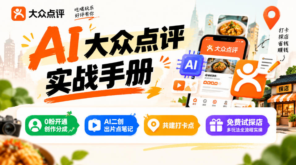 某局的AI大众点评实战手册，0粉开通创作分成、AI二创出片点笔记、共建打卡点、免费试探店多玩法全流程实操-超级会员网