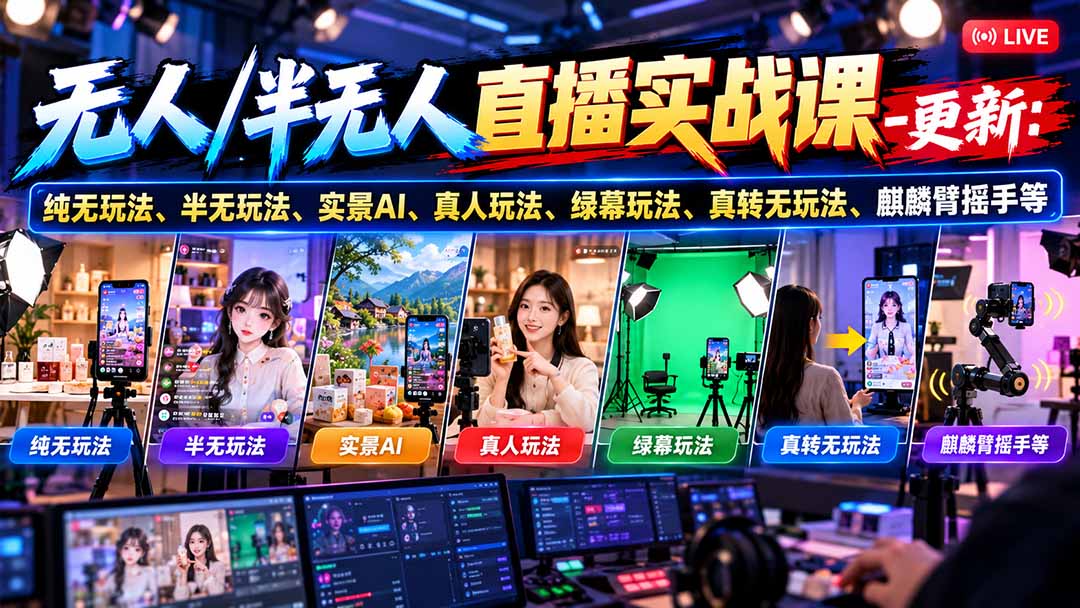 无人/半无人直播实战课-10月20更新：纯无玩法、半无玩法、实景AI、真人玩法、绿幕玩法、真转无玩法、麒麟臂摇手等-超级会员网