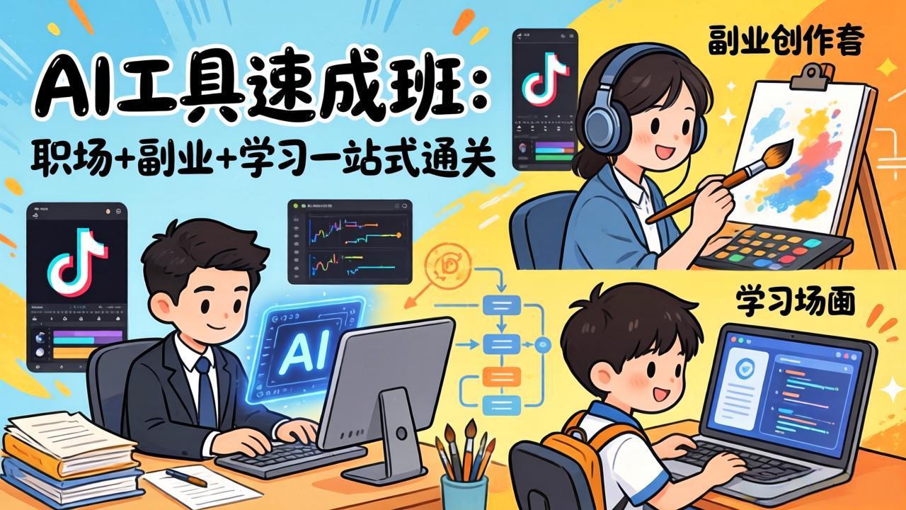 AI工具速成班：职场+副业+学习一站式通关，20+爆款类型+剪映技巧+抖音算法，0基础快速上手-超级会员网